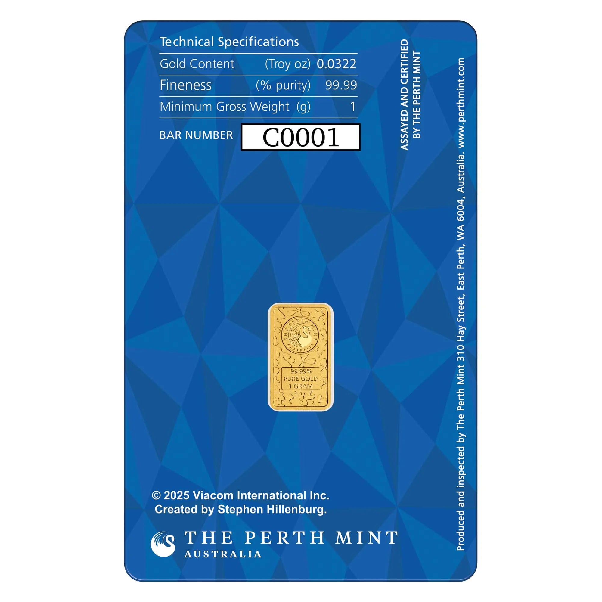 SpongeBob SquarePants 1g Gold Coloured Minted Bar (PRE ORDER SHIPPING LATE NOVEMBER)