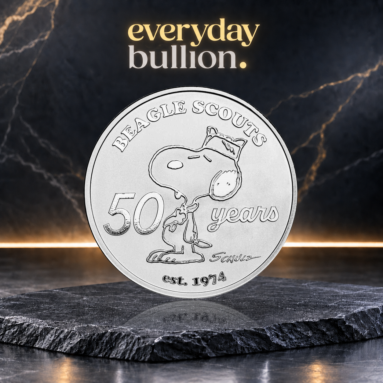 Peanuts® Beagle Scouts 50th Anniversary 1oz .999 Fine Silver Round in TEP – APMEX