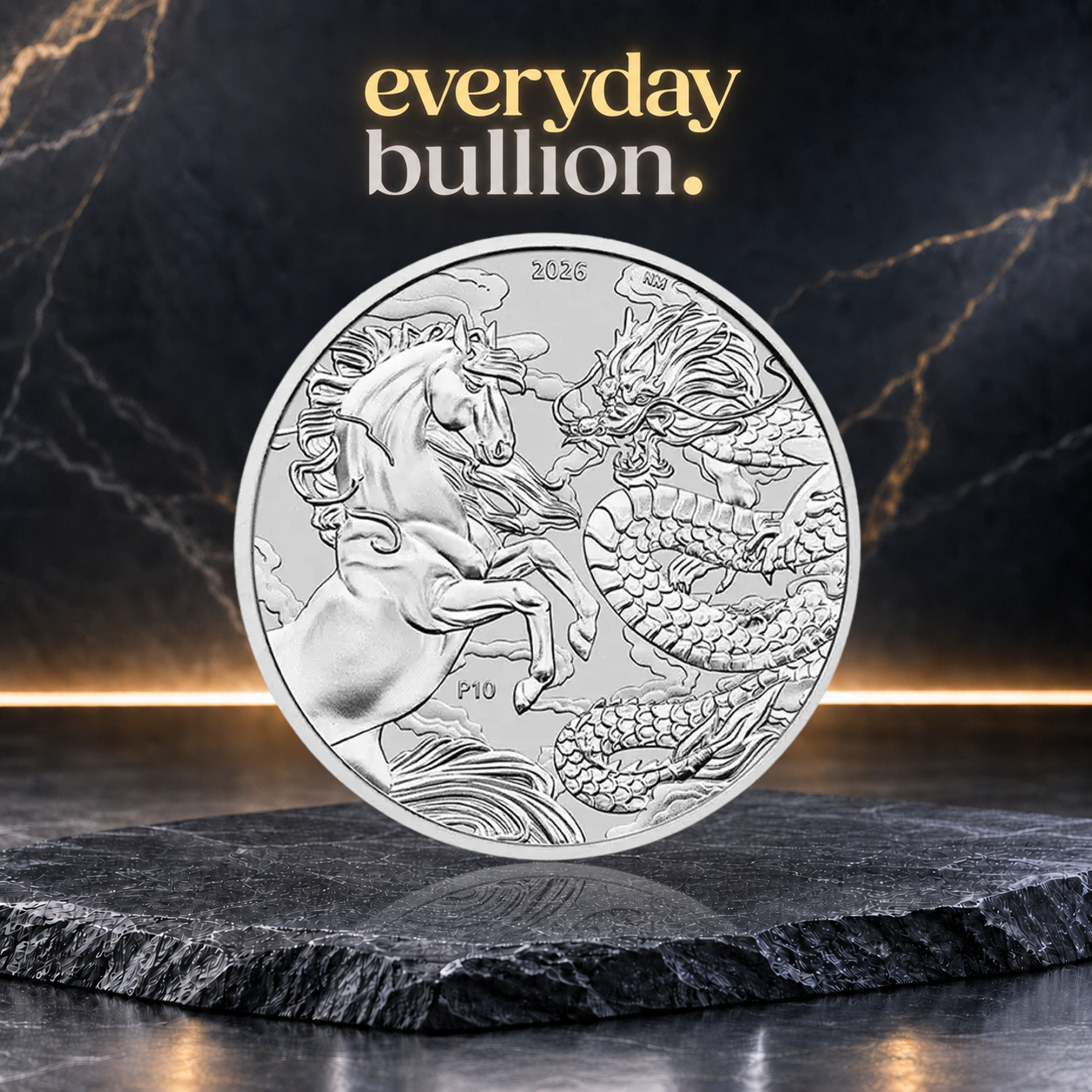 Chinese Myths & Legends Dragon and Horse 2026 $1 1oz .9999 Silver BU Coin in Capsule – Australia – Perth Mint