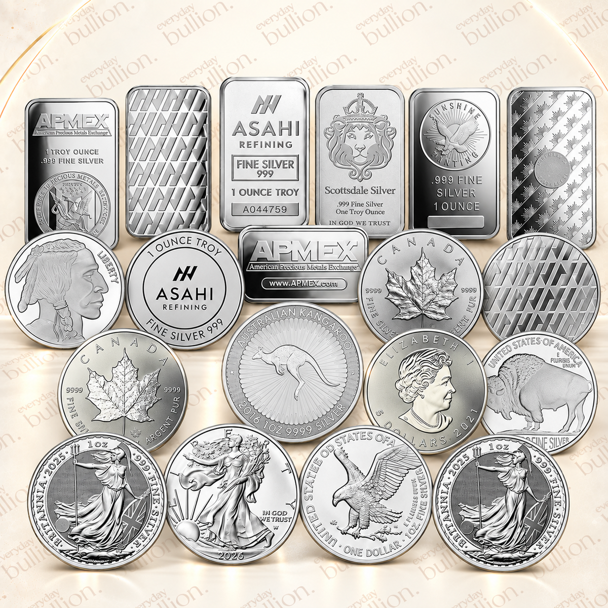 Mixed Countries & Mints – 1oz Silver Bar, Coin or Round | .999 Fine Silver Minimum | Mixed Condition