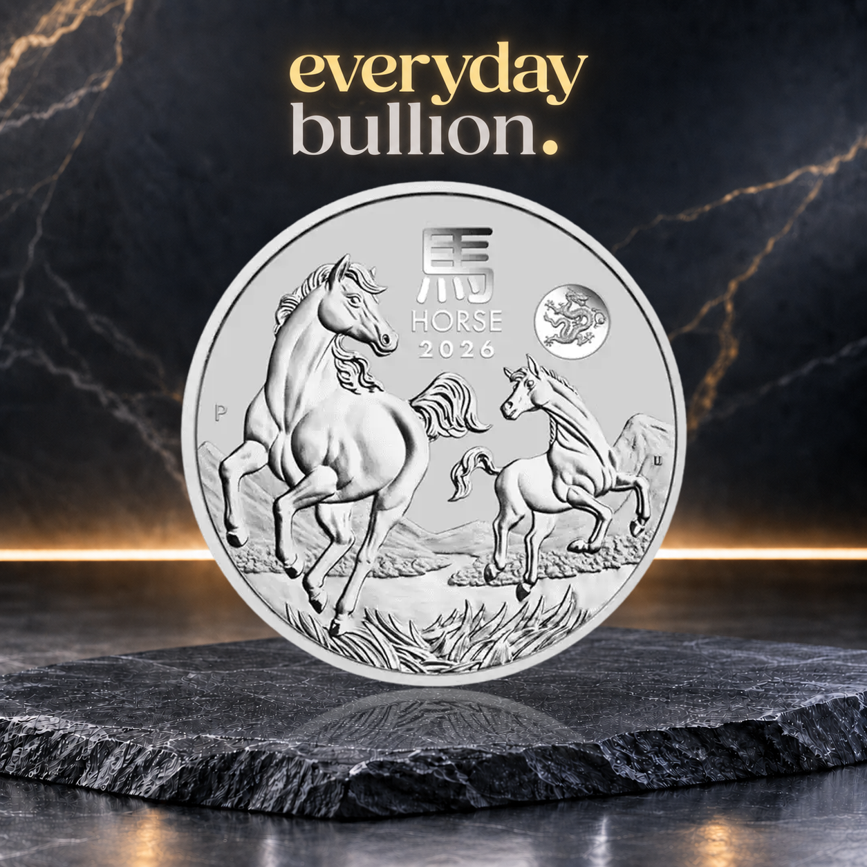 Australian Lunar Series III Year of the Horse 2026 $1 1oz .9999 Silver BU Coin with Dragon Privy Mark in Capsule – Australia – Perth Mint