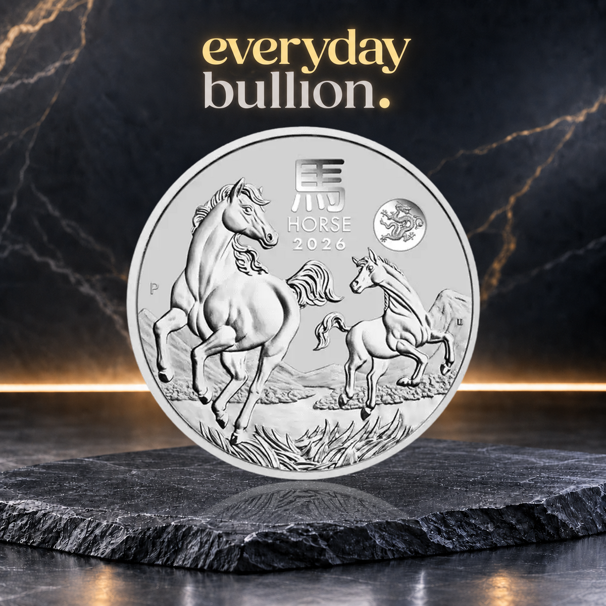 Australian Lunar Series III Year of the Horse 2026 $1 1oz .9999 Silver BU Coin with Dragon Privy Mark in Capsule – Australia – Perth Mint