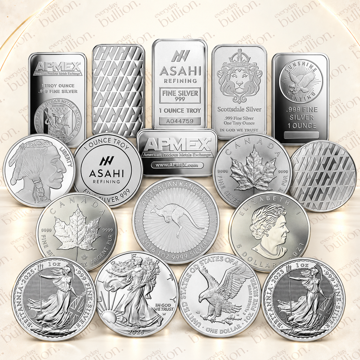 Mixed Countries & Mints – 1oz Silver Bar, Coin or Round | .999 Fine Silver Minimum | Mixed Condition