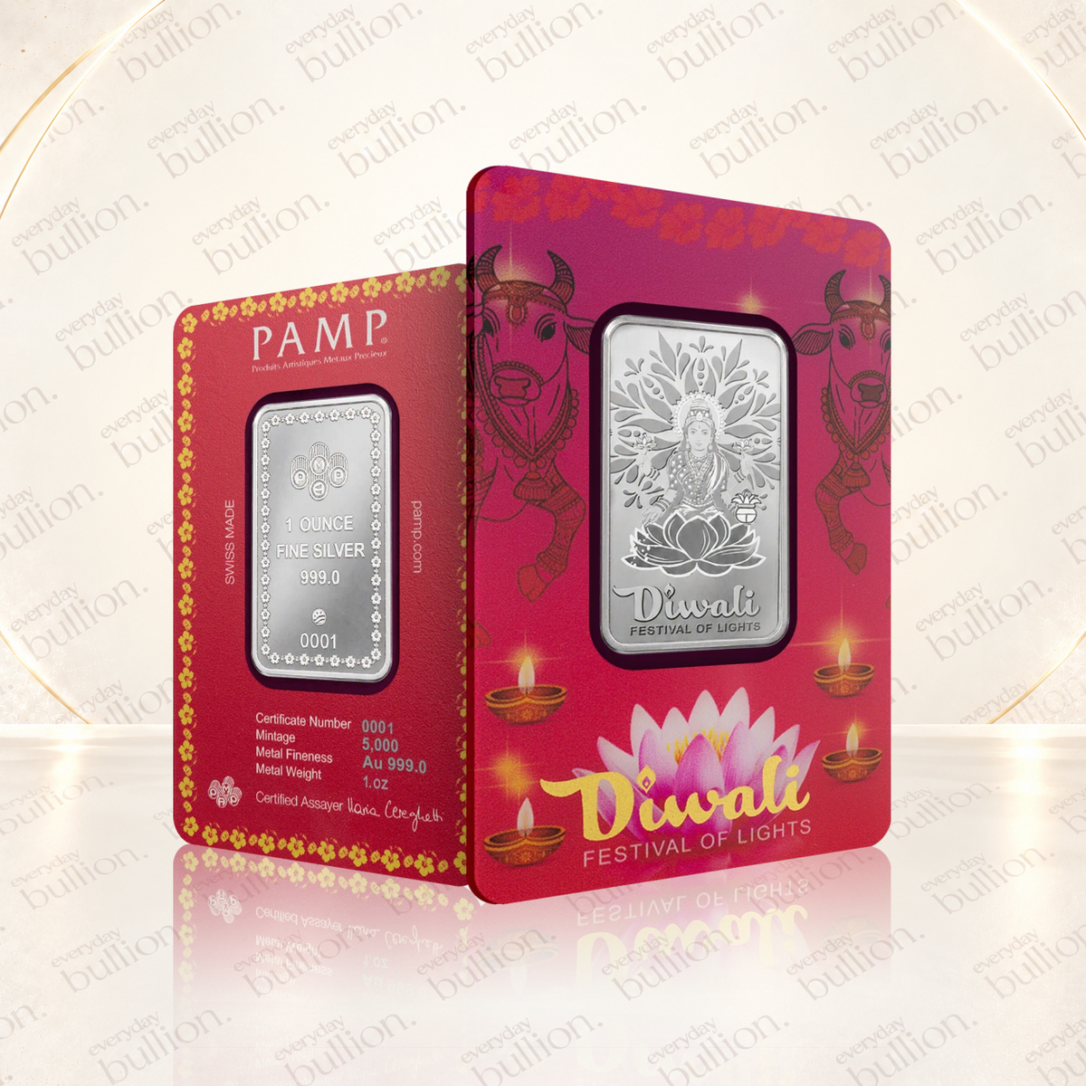 2026 Diwali Lakshmi & Sacred Cow 1oz .999 Silver Bar in Assay – United States – PAMP Suisse