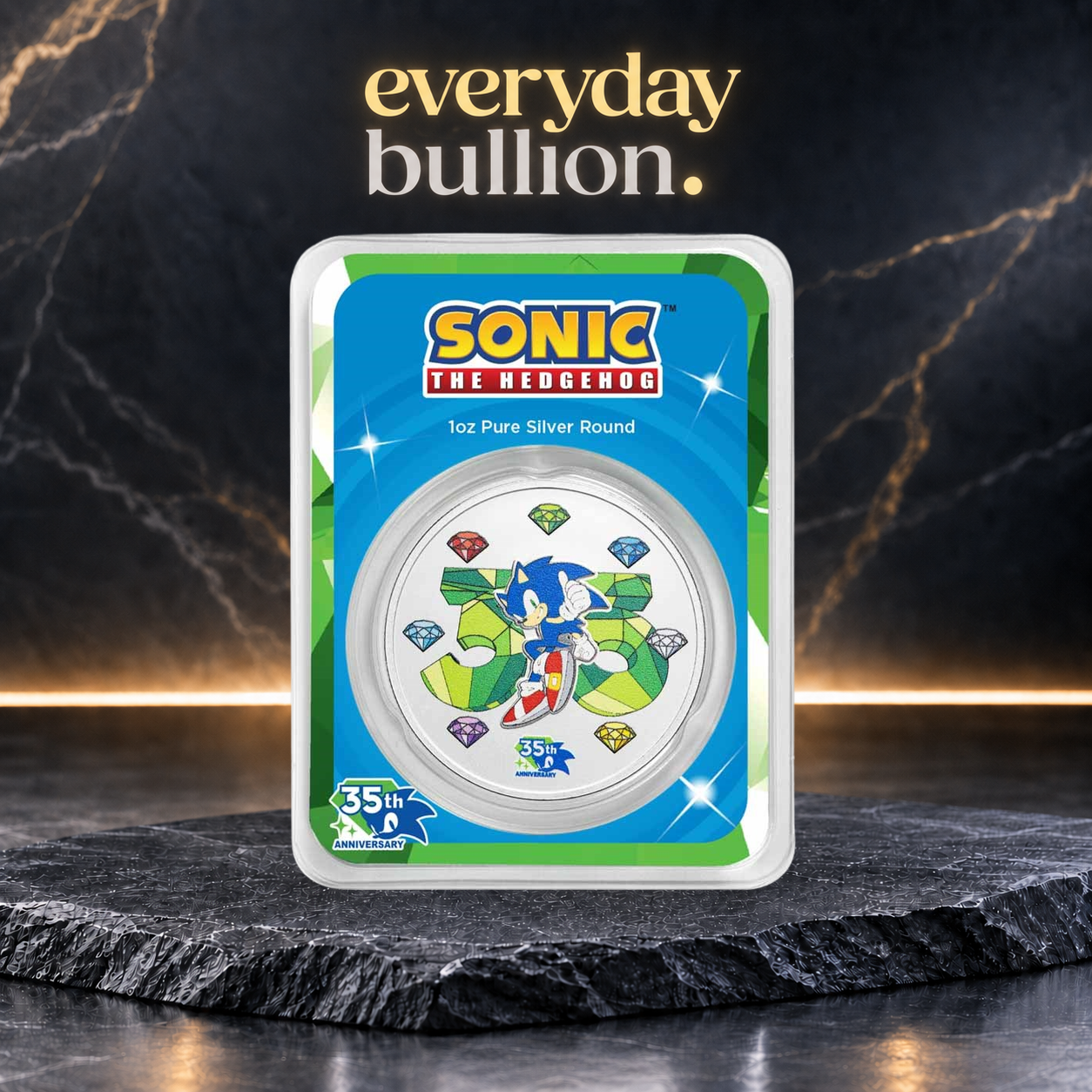 Sonic the Hedgehog™ 35th Anniversary 1oz .999 Fine Silver Colourised Round in TEP