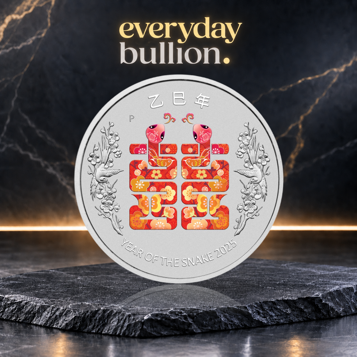 Perth Stamp and Coin Show Special Year of the Snake Double Happiness 2025 $1 1oz .9999 Fine Silver Coloured Coin in Card – Perth Mint