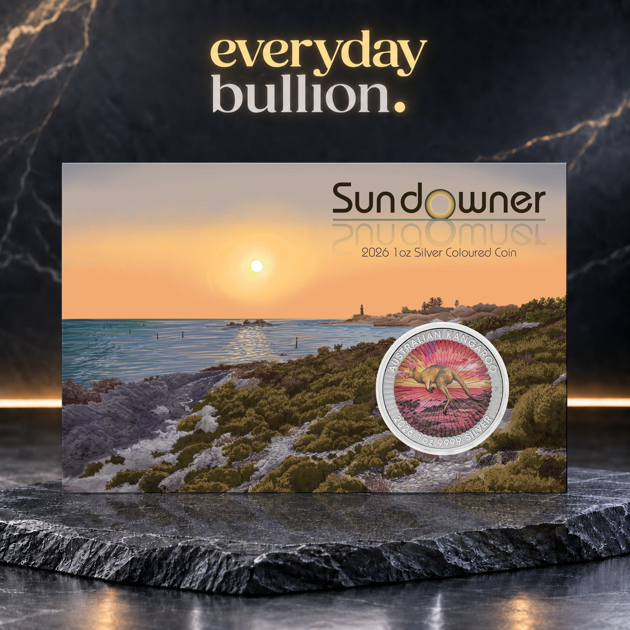 Sundowner Red Kangaroo 2026 $1 1oz .9999 Silver Coloured Coin in Card – Perth Mint
