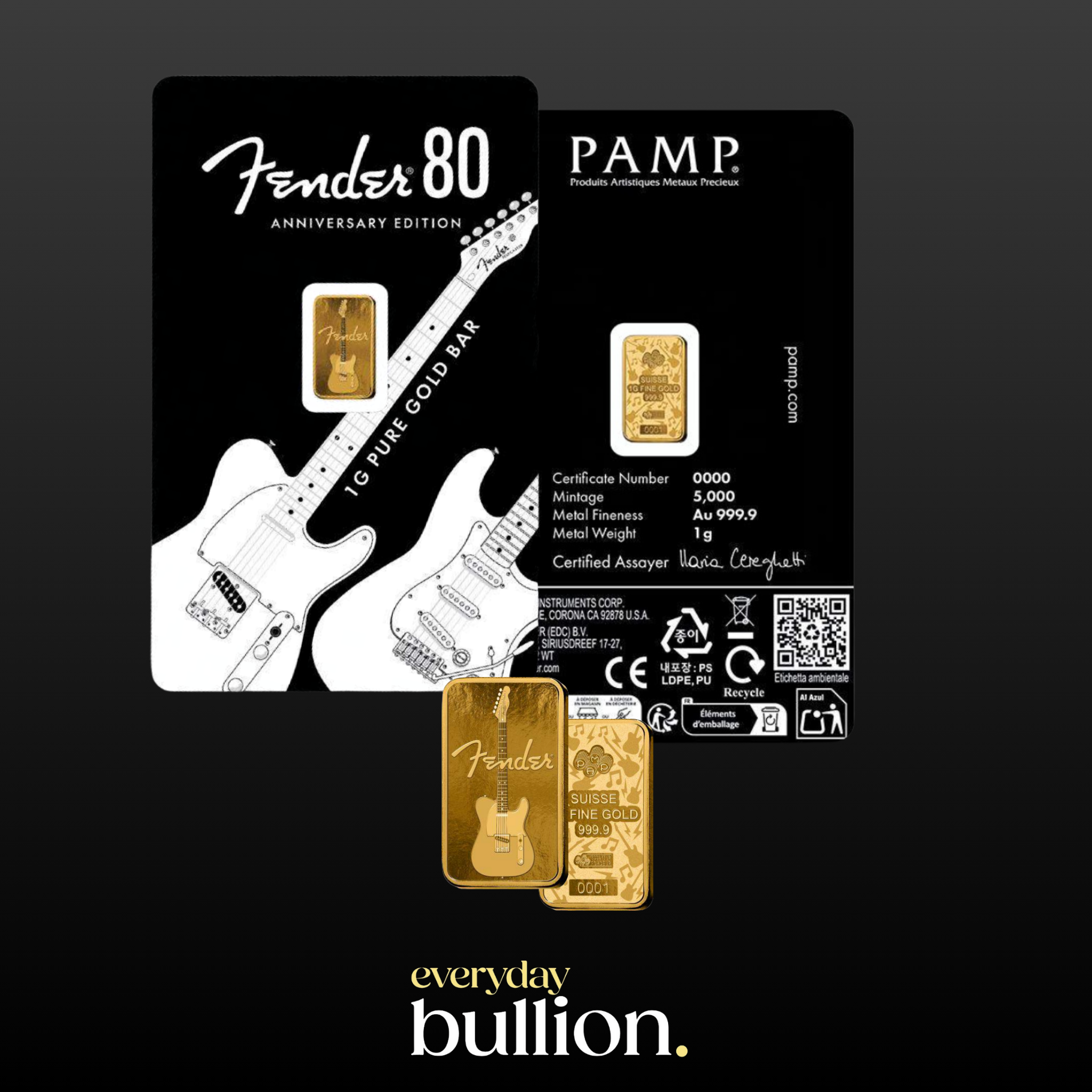 PAMP Fender® 80th Anniversary – 1g Gold Bar (999.9 Fine Gold)