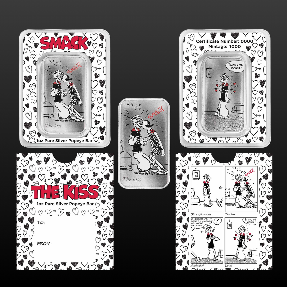 1 oz Silver Colorized Bar - Popeye & Olive Oyl Valentines