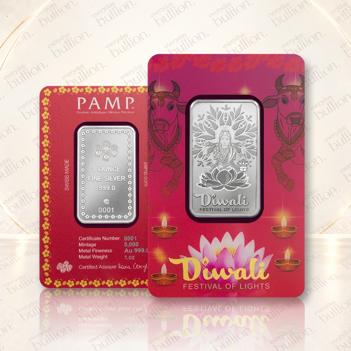 2026 Diwali Lakshmi & Sacred Cow 1oz .999 Silver Bar in Assay – United States – PAMP Suisse