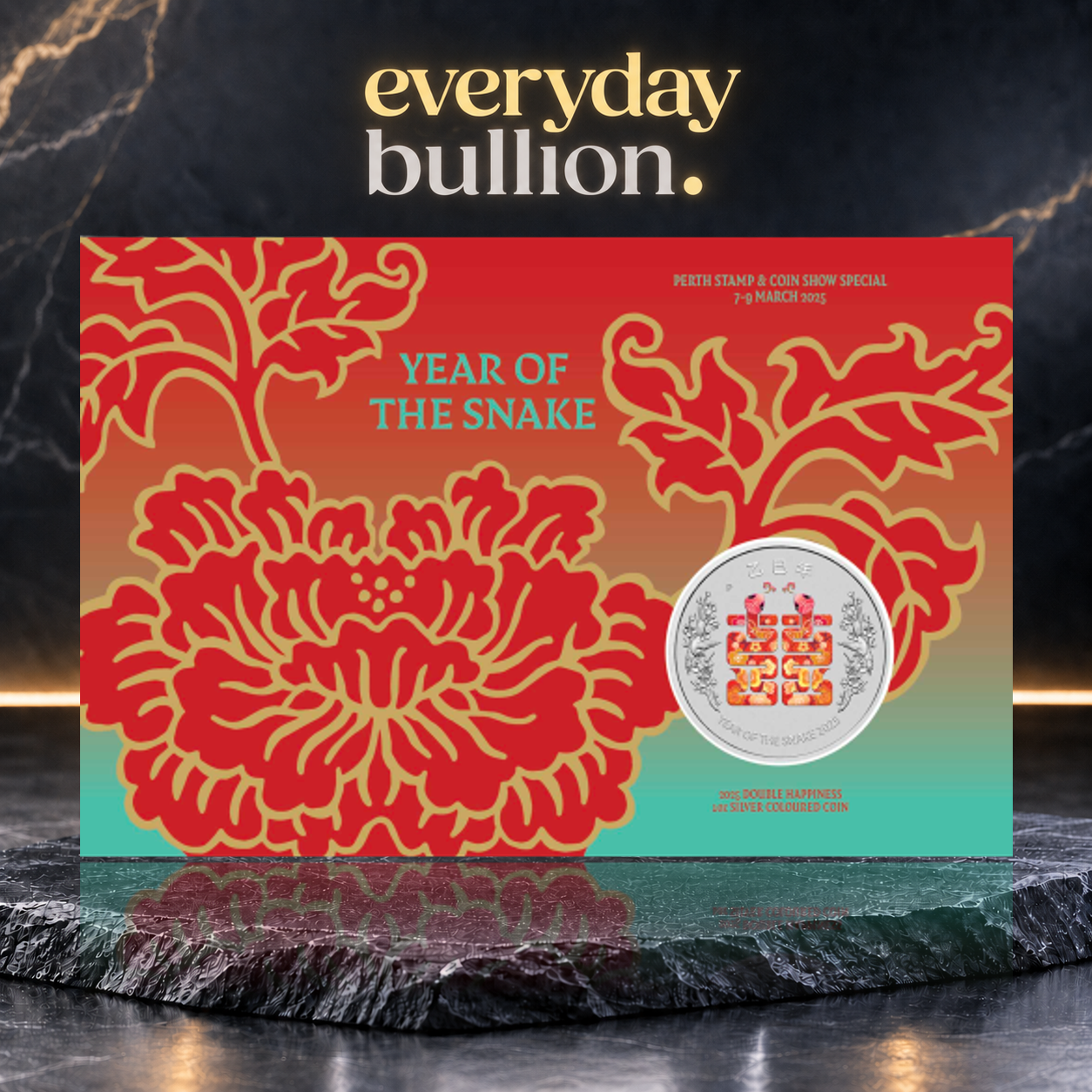 Perth Stamp and Coin Show Special Year of the Snake Double Happiness 2025 $1 1oz .9999 Fine Silver Coloured Coin in Card – Perth Mint