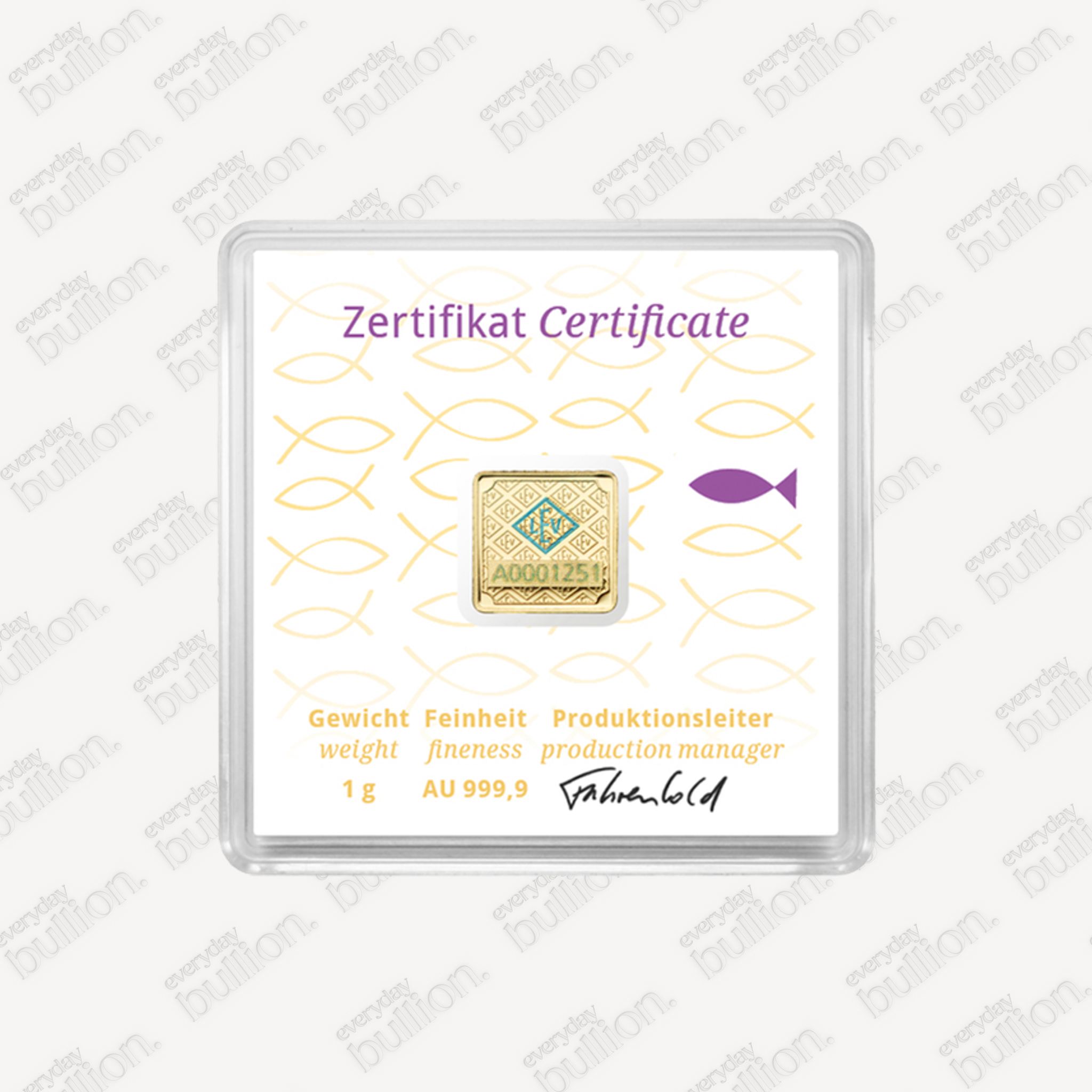 Gold Bar Geiger original - 1 g .9999 square in capsule, christian edition