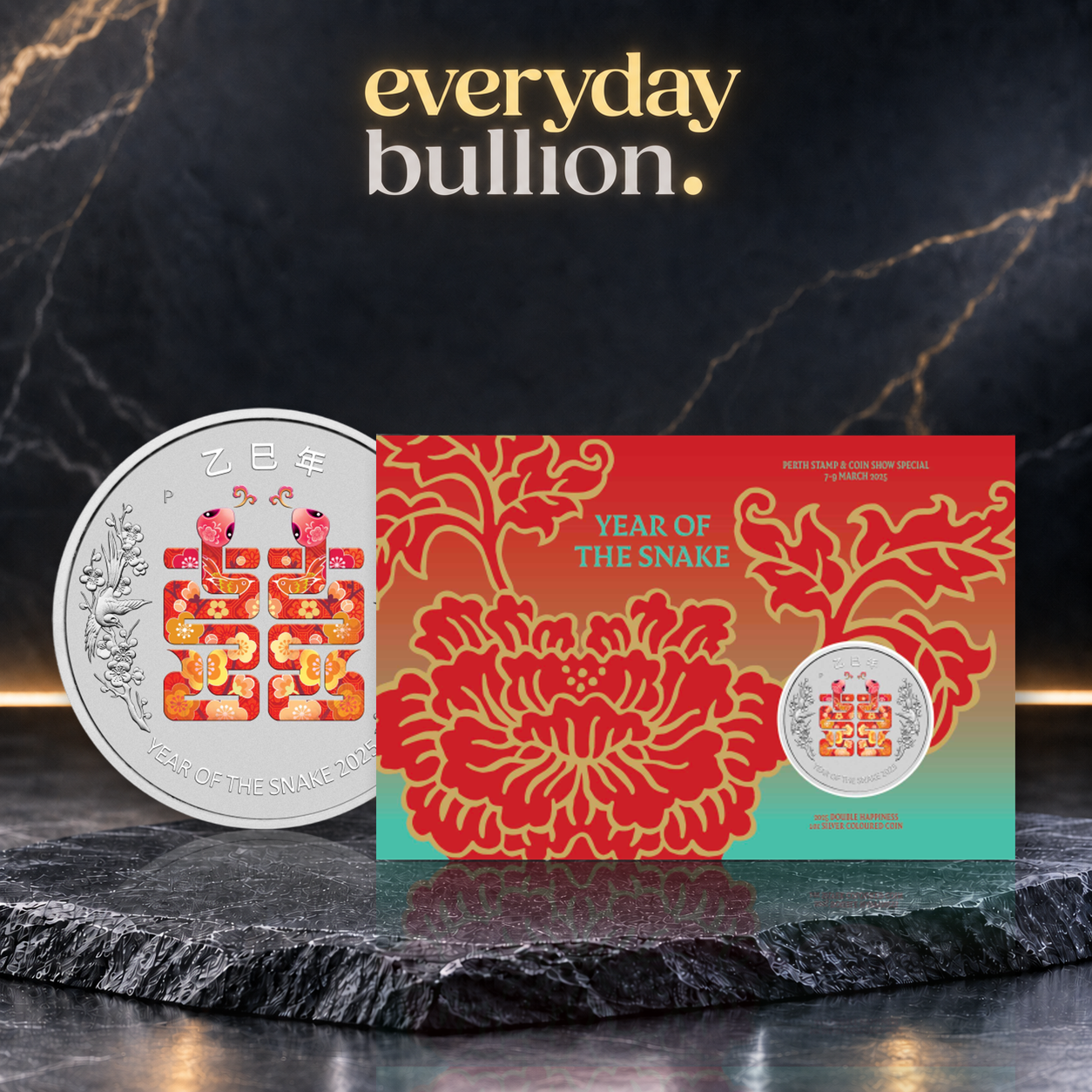 Perth Stamp and Coin Show Special Year of the Snake Double Happiness 2025 $1 1oz .9999 Fine Silver Coloured Coin in Card – Perth Mint