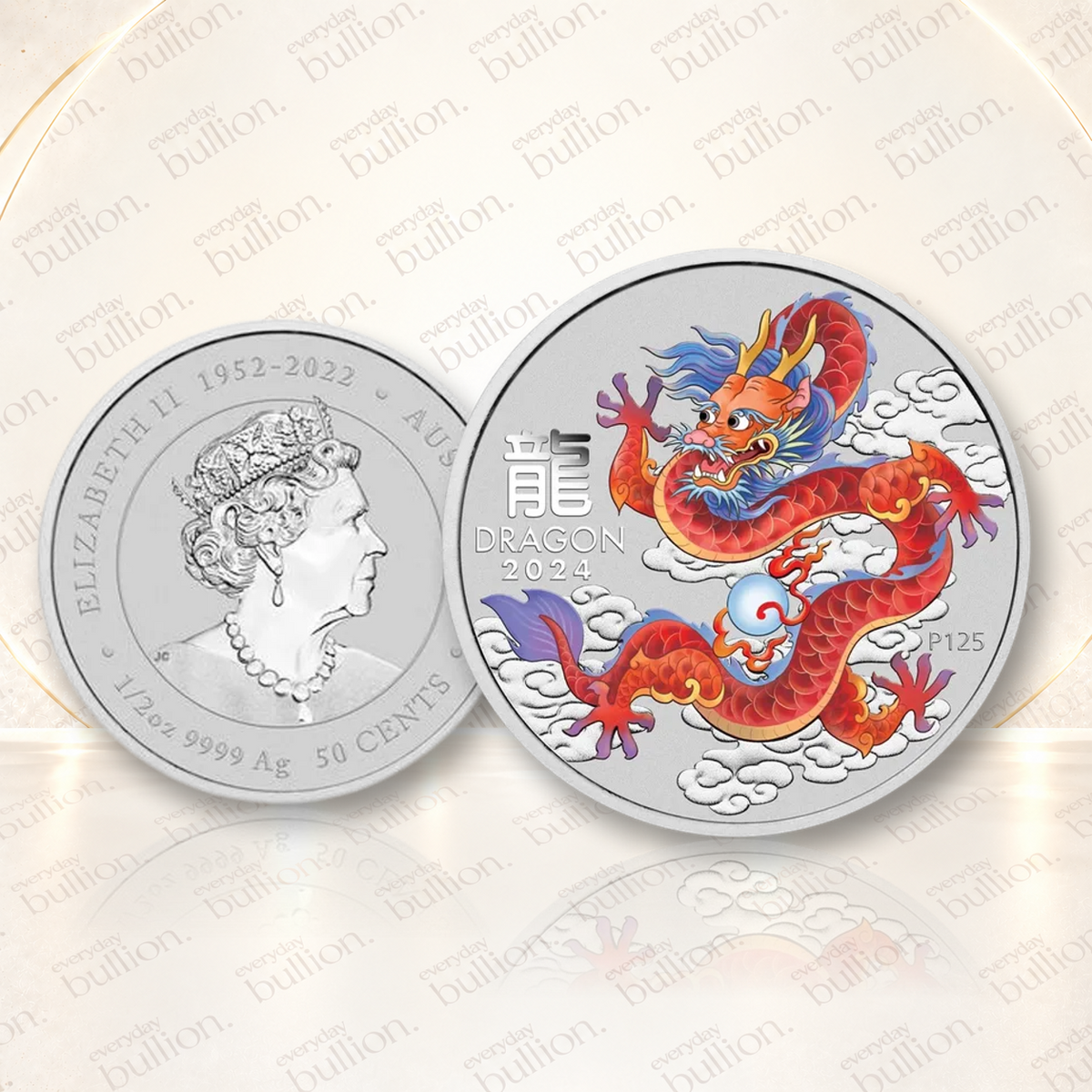 2024 Australian Lunar Series III Year of the Dragon Red Dragon 1/2oz .9999 Silver Coloured BU Coin in Capsule – Australia – The Perth Mint