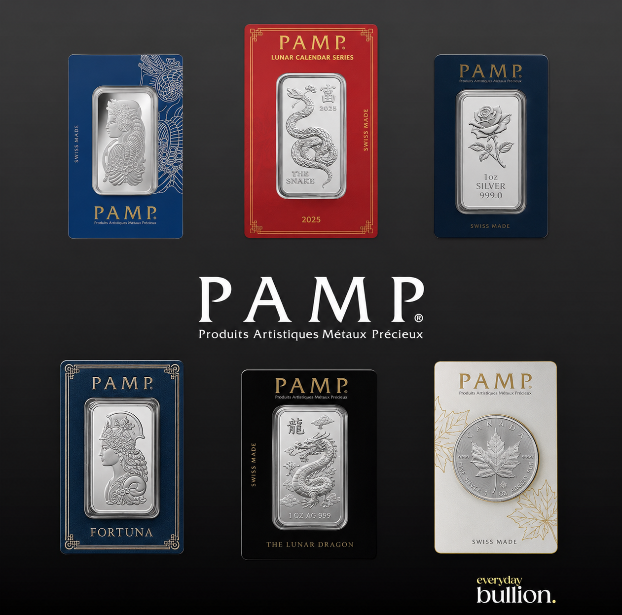 EverydayBullion handles all type of PAMP products, latest, high value and exclusive coins, bars and bullion in Gold and Silver.