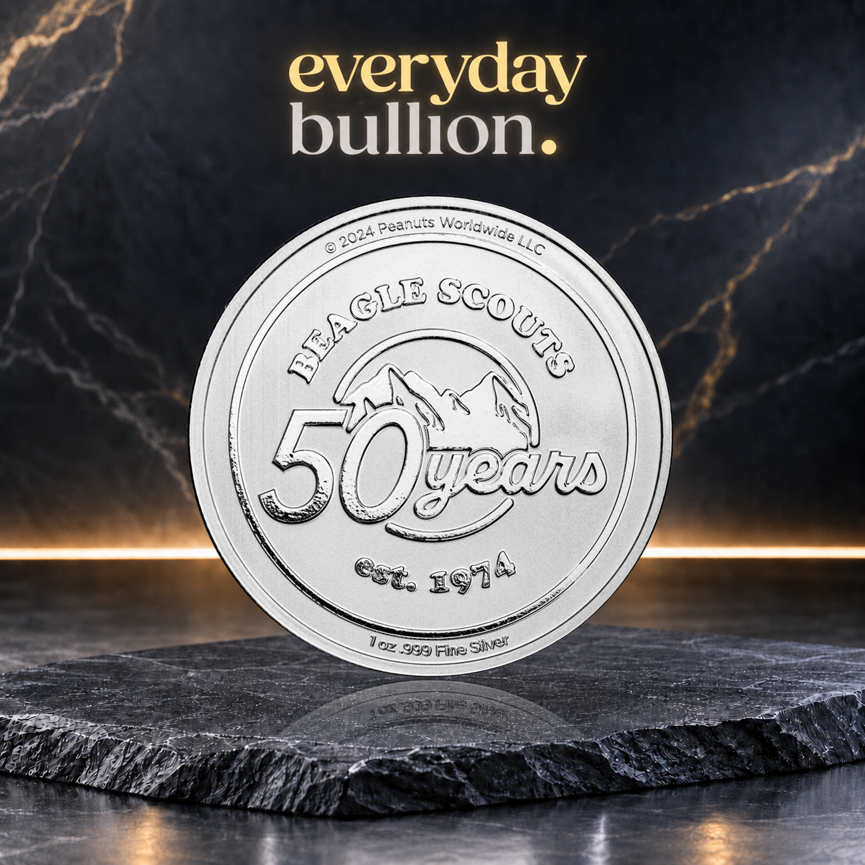 Peanuts® Beagle Scouts 50th Anniversary 1oz .999 Fine Silver Round in TEP – APMEX