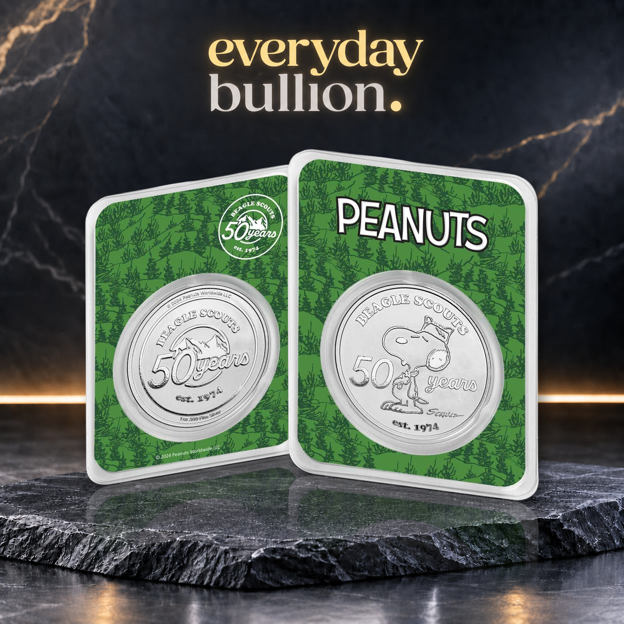 Peanuts® Beagle Scouts 50th Anniversary 1oz .999 Fine Silver Round in TEP – APMEX