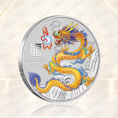 2024 Australian Lunar Series III Year of the Dragon Yellow Dragon 1/2oz .9999 Silver Coloured BU Coin in Capsule – Australia – The Perth Mint