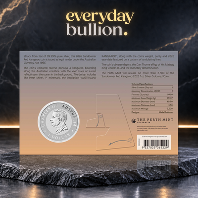 Sundowner Red Kangaroo 2026 $1 1oz .9999 Silver Coloured Coin in Card – Perth Mint