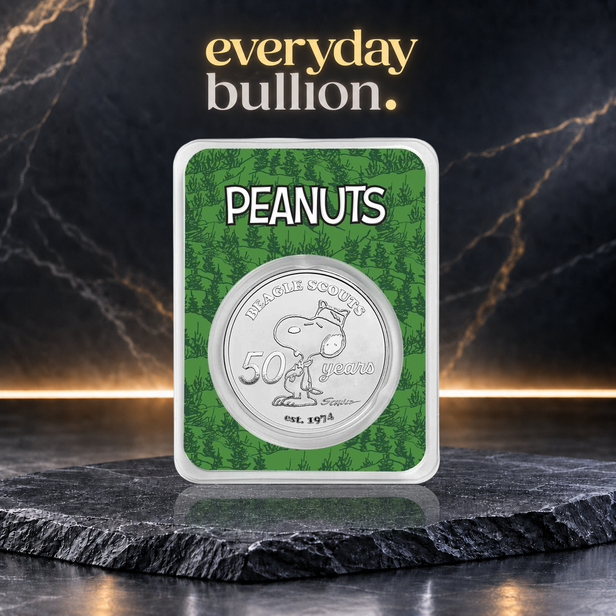 Peanuts® Beagle Scouts 50th Anniversary 1oz .999 Fine Silver Round in TEP – APMEX