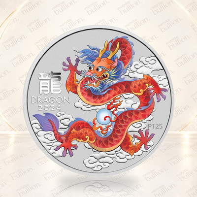 2024 Australian Lunar Series III Year of the Dragon Red Dragon 1/2oz .9999 Silver Coloured BU Coin in Capsule – Australia – The Perth Mint