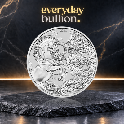 Chinese Myths & Legends Dragon and Horse 2026 $1 1oz .9999 Silver BU Coin in Capsule – Australia – Perth Mint