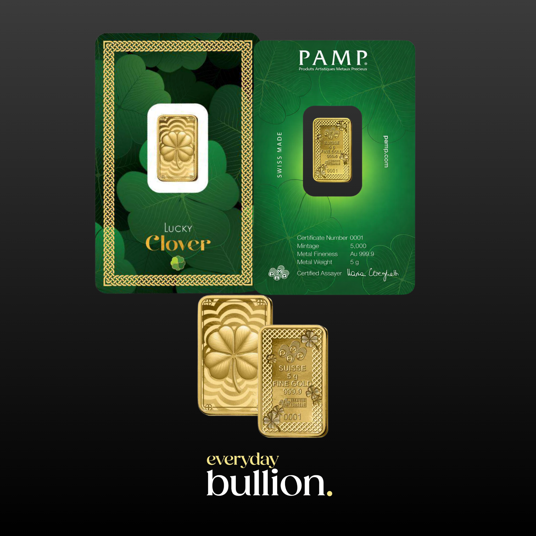 Lucky Charm Four-Leaf Clover – 5g Gold Bar (PAMP Suisse)