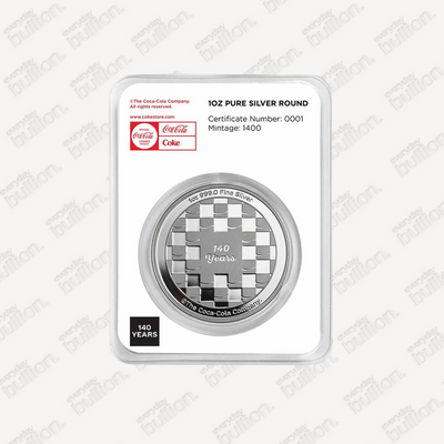 Coca-Cola® 140 Years Anniversary 1oz .999 Fine Silver Colourised Round in TEP