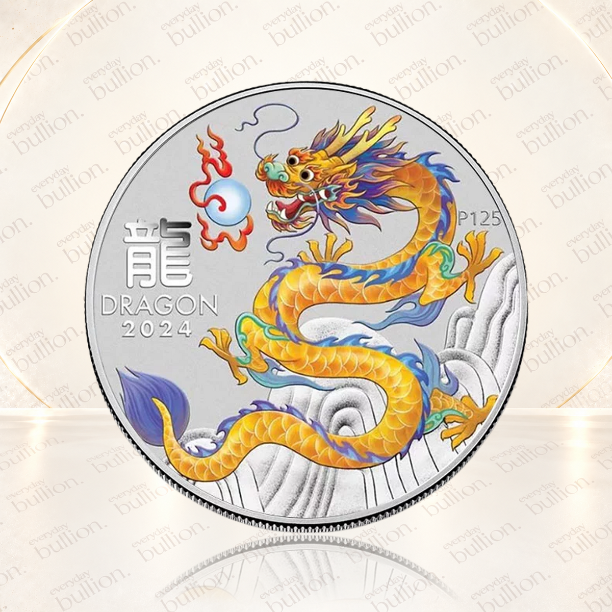 2024 Australian Lunar Series III Year of the Dragon Yellow Dragon 1/2oz .9999 Silver Coloured BU Coin in Capsule – Australia – The Perth Mint