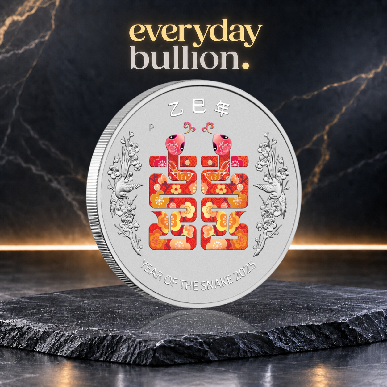 Perth Stamp and Coin Show Special Year of the Snake Double Happiness 2025 $1 1oz .9999 Fine Silver Coloured Coin in Card – Perth Mint