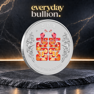Perth Stamp and Coin Show Special Year of the Snake Double Happiness 2025 $1 1oz .9999 Fine Silver Coloured Coin in Card – Perth Mint
