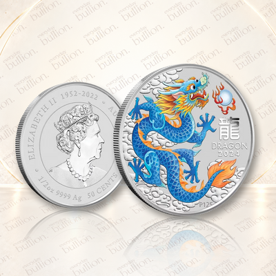 2024 Australian Lunar Series III Year of the Dragon Blue Dragon 1/2oz .9999 Silver Coloured BU Coin in Capsule – Australia – The Perth Mint