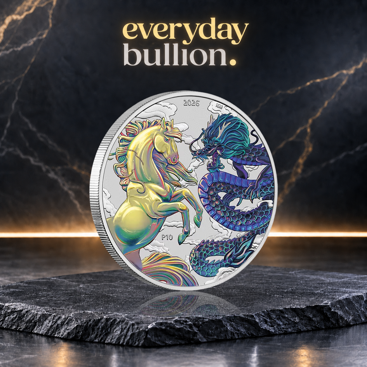 Chinese Myths & Legends Dragon and Horse 2026 1oz .9999 Fine Silver Opalite Coloured (Purple / Green) Coin in Capsule – Perth Mint