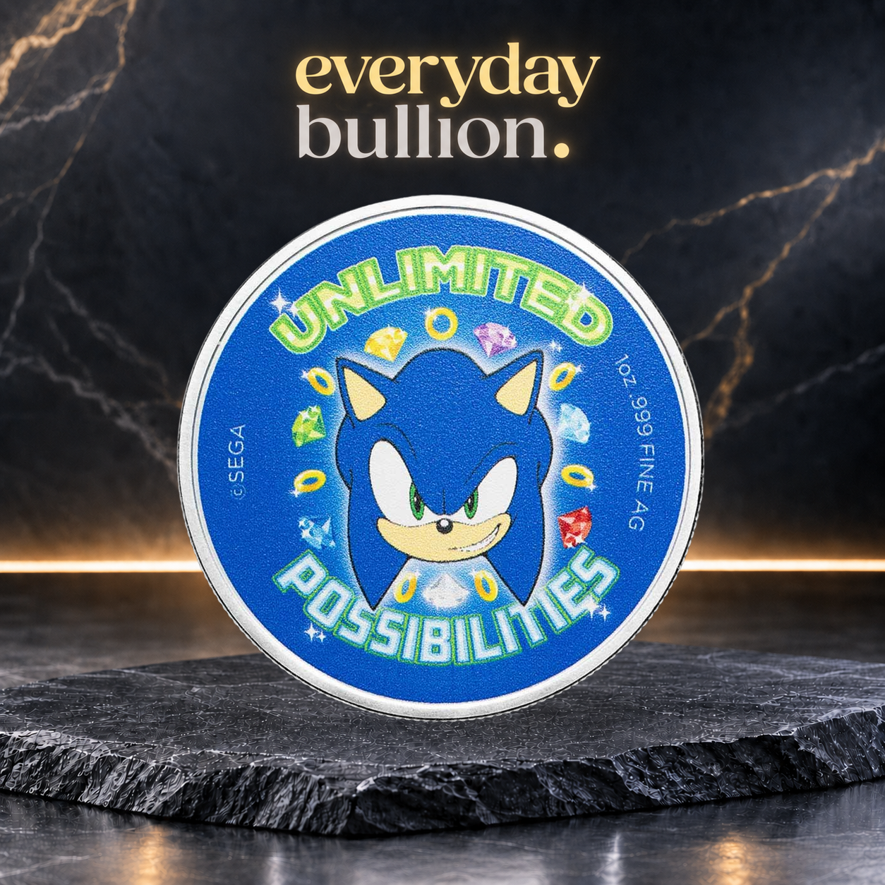 Sonic the Hedgehog™ 35th Anniversary 1oz .999 Fine Silver Colourised Round in TEP