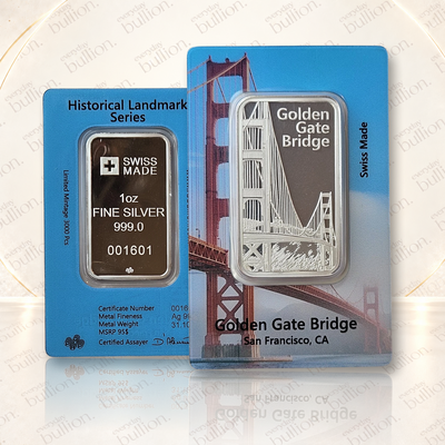 Golden Gate Bridge Historical Landmark 1oz .999 Silver Bar in Assay - Switzerland - PAMP Suisse