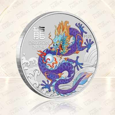 2024 Australian Lunar Series III Year of the Dragon Purple Dragon 1/2oz .9999 Silver Coloured BU Coin in Capsule – Australia – The Perth Mint