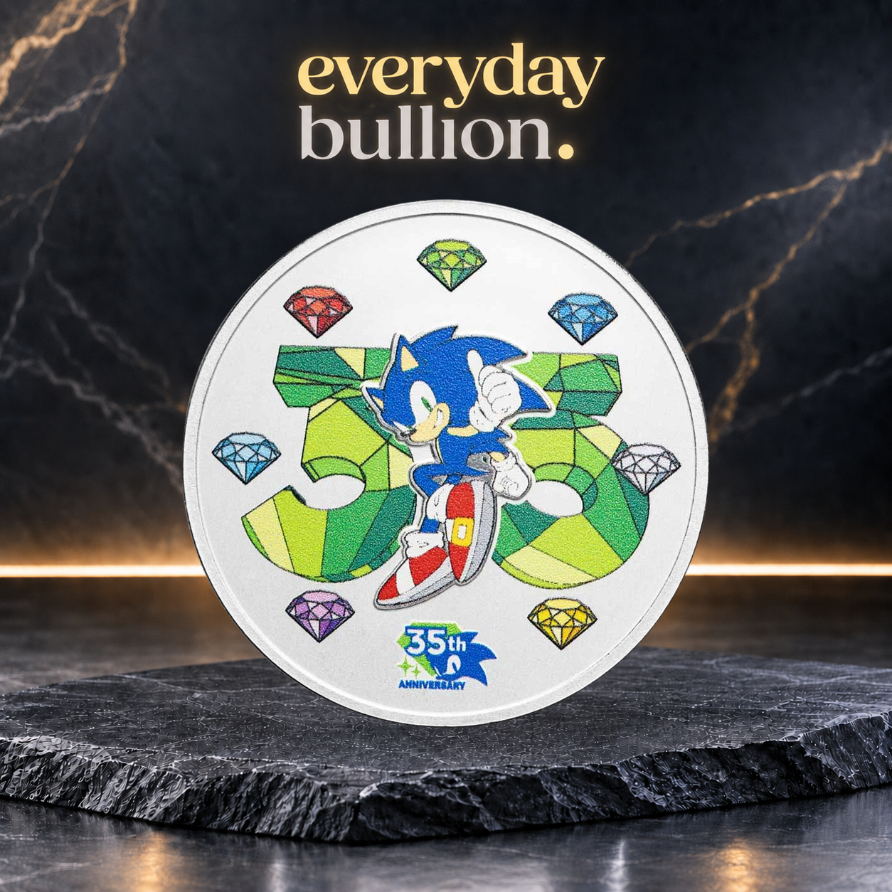 Sonic the Hedgehog™ 35th Anniversary 1oz .999 Fine Silver Colourised Round in TEP