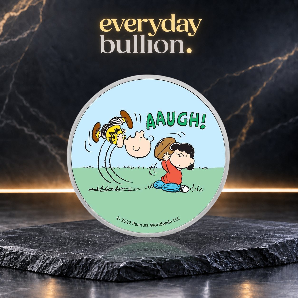 Peanuts® Lucy Pulls the Football 1oz .999 Fine Silver Colourised Round in TEP