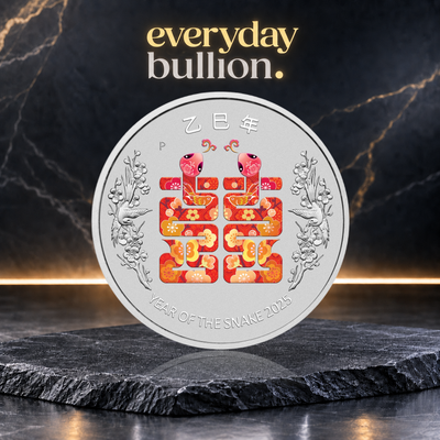 Perth Stamp and Coin Show Special Year of the Snake Double Happiness 2025 $1 1oz .9999 Fine Silver Coloured Coin in Card – Perth Mint