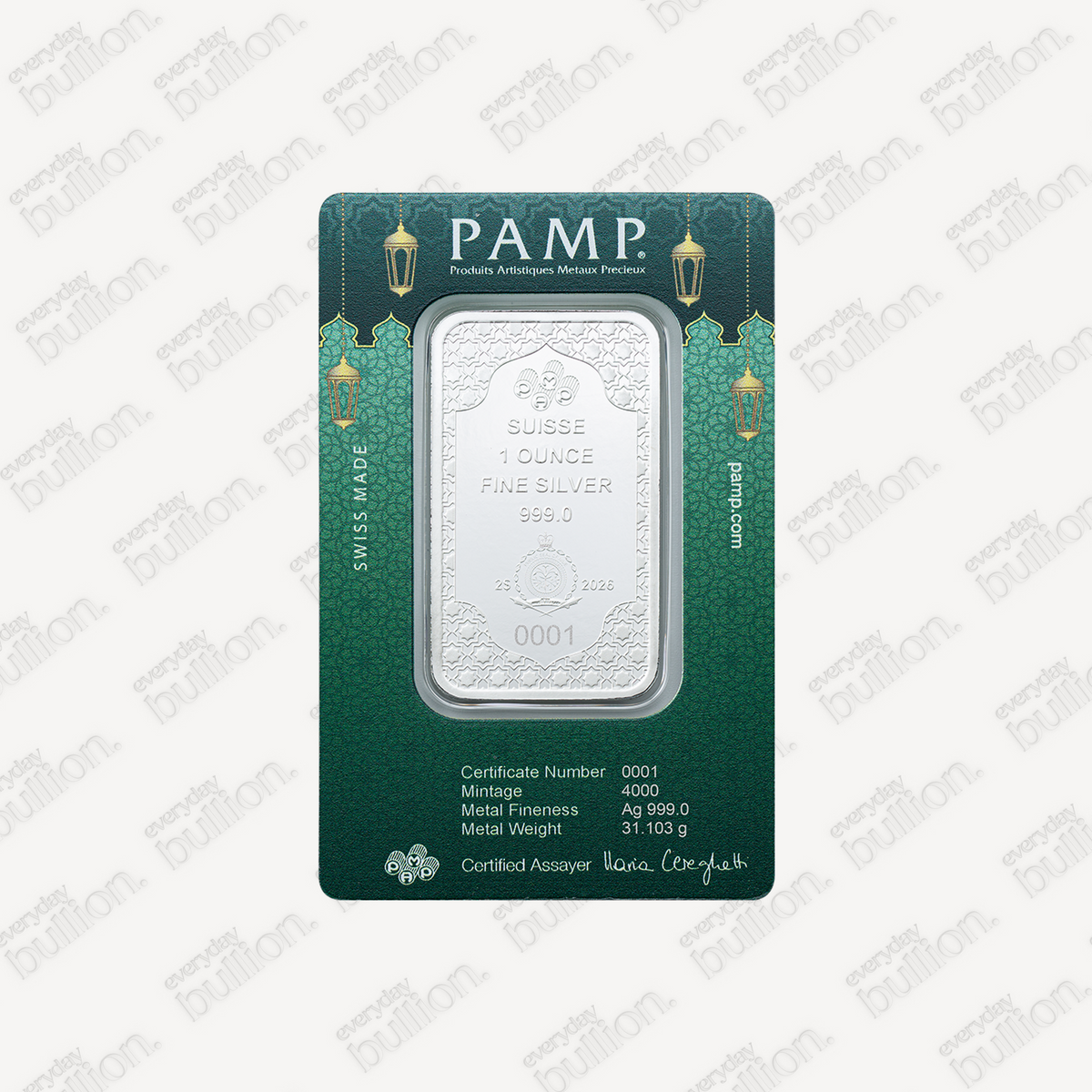 Eid Mubarak 1oz .9999 Fine Silver Bar in TEP – PAMP Suisse