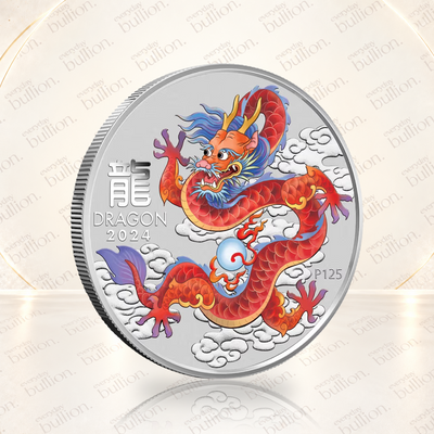 2024 Australian Lunar Series III Year of the Dragon Red Dragon 1/2oz .9999 Silver Coloured BU Coin in Capsule – Australia – The Perth Mint