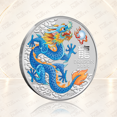 2024 Australian Lunar Series III Year of the Dragon Blue Dragon 1/2oz .9999 Silver Coloured BU Coin in Capsule – Australia – The Perth Mint