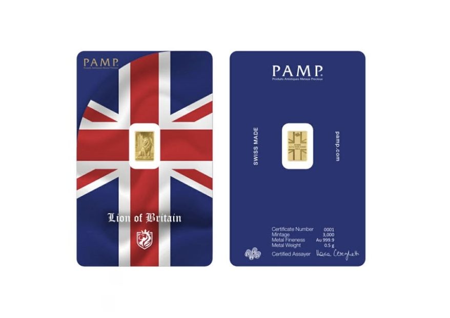 Pamp Suisse, Lion of Britain 1/2 Gram Gold Bar in Assay