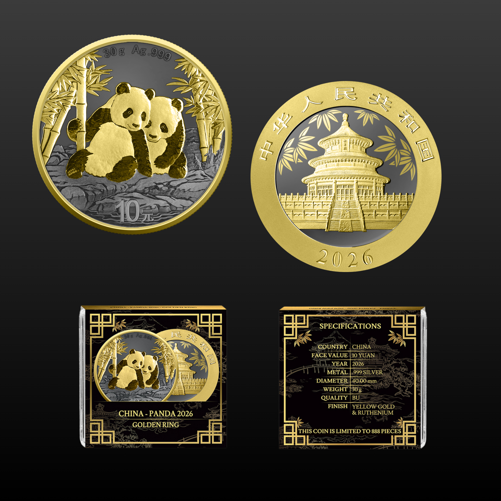 Chinese Panda Golden Ring 2026 10 Yuan 30 Gram Pure Silver Yellow Gold Coin
