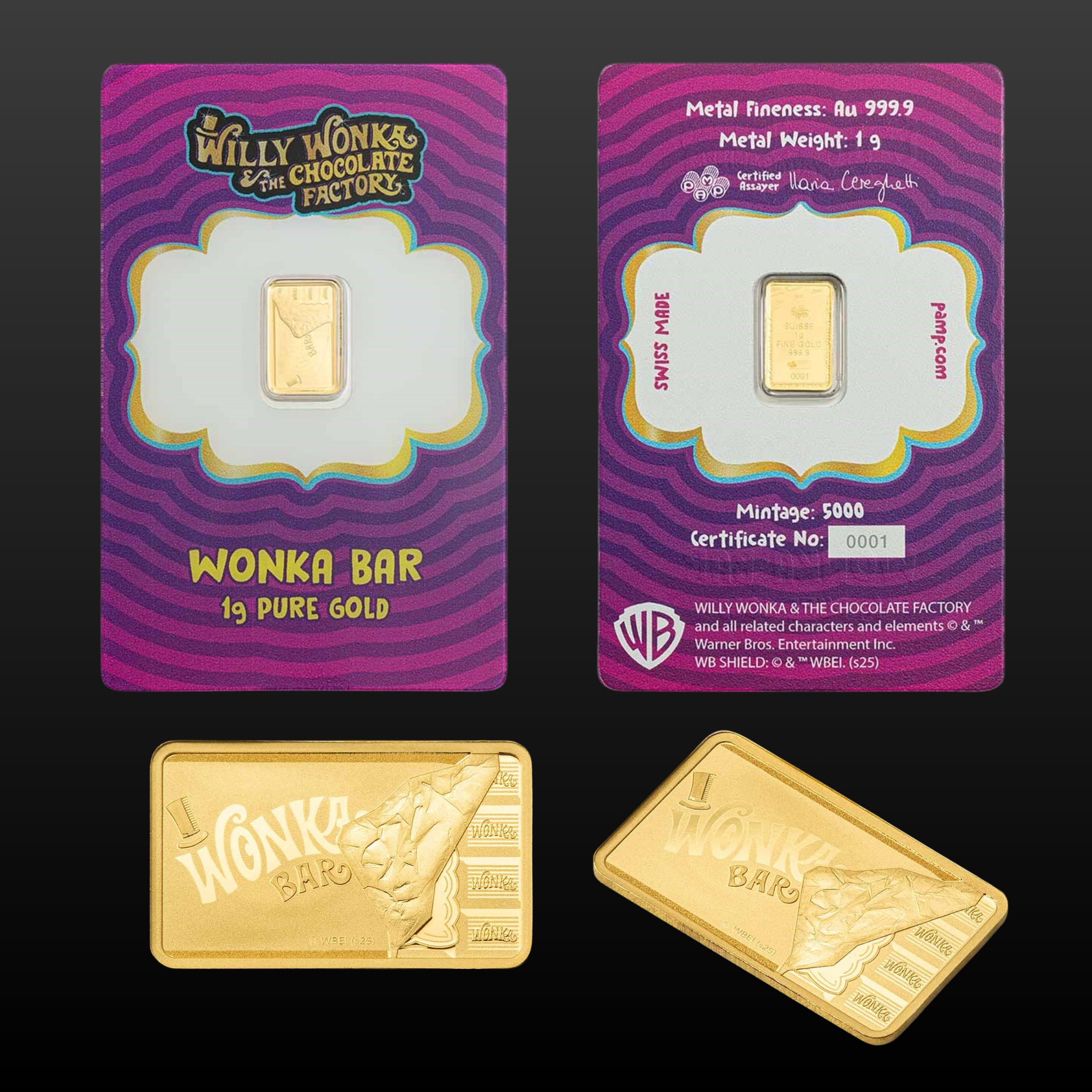 1 gram Gold Bar - PAMP Willy Wonka Bar