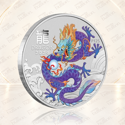 2024 1oz Australia Lunar Series III - Year of the Dragon - Lilac Dragon .9999 Silver Coloured BU Coin (in Capsule)