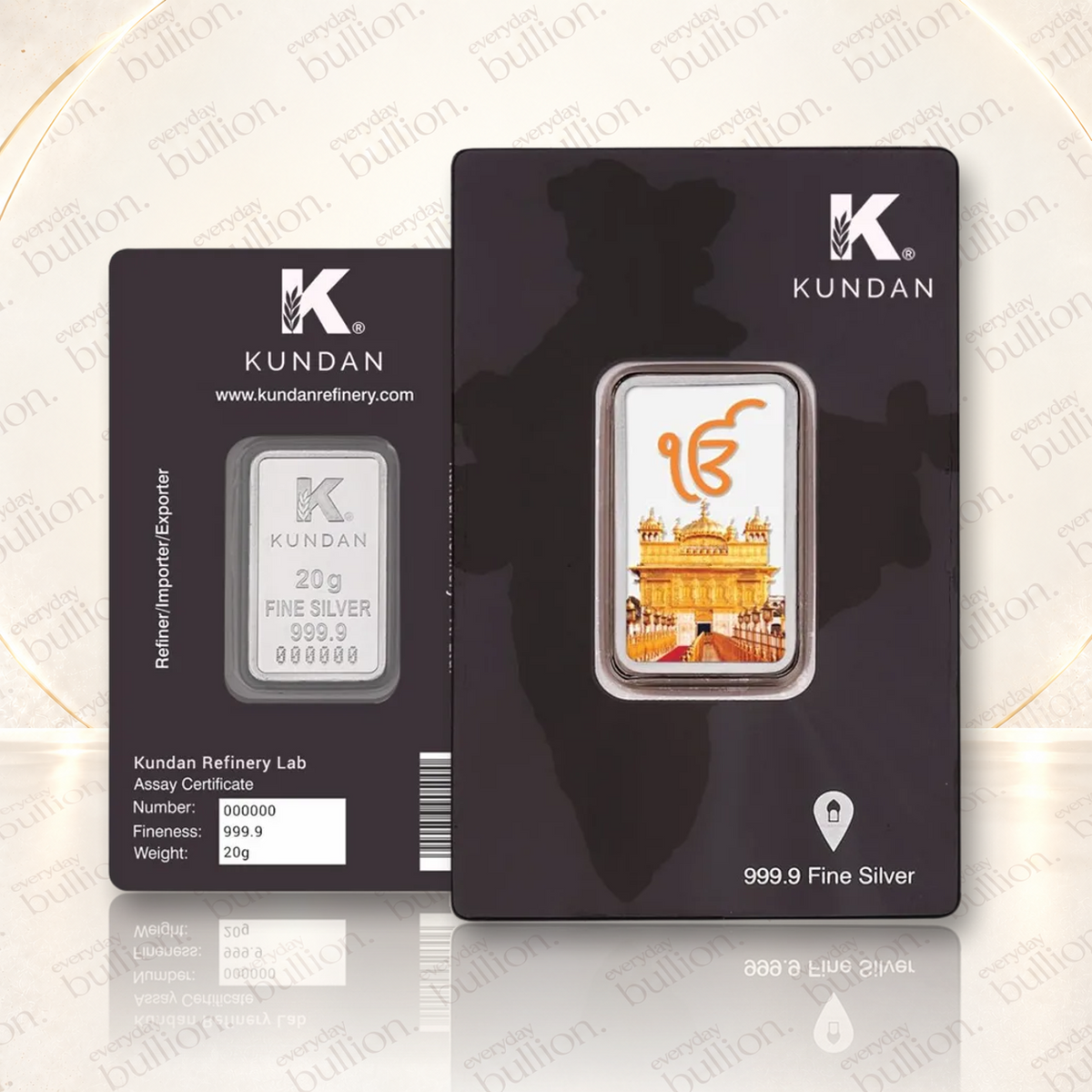 20g Golden Temple .9999 Fine Silver Colourised Bar in Assay Card – India – Kundan Refinery
