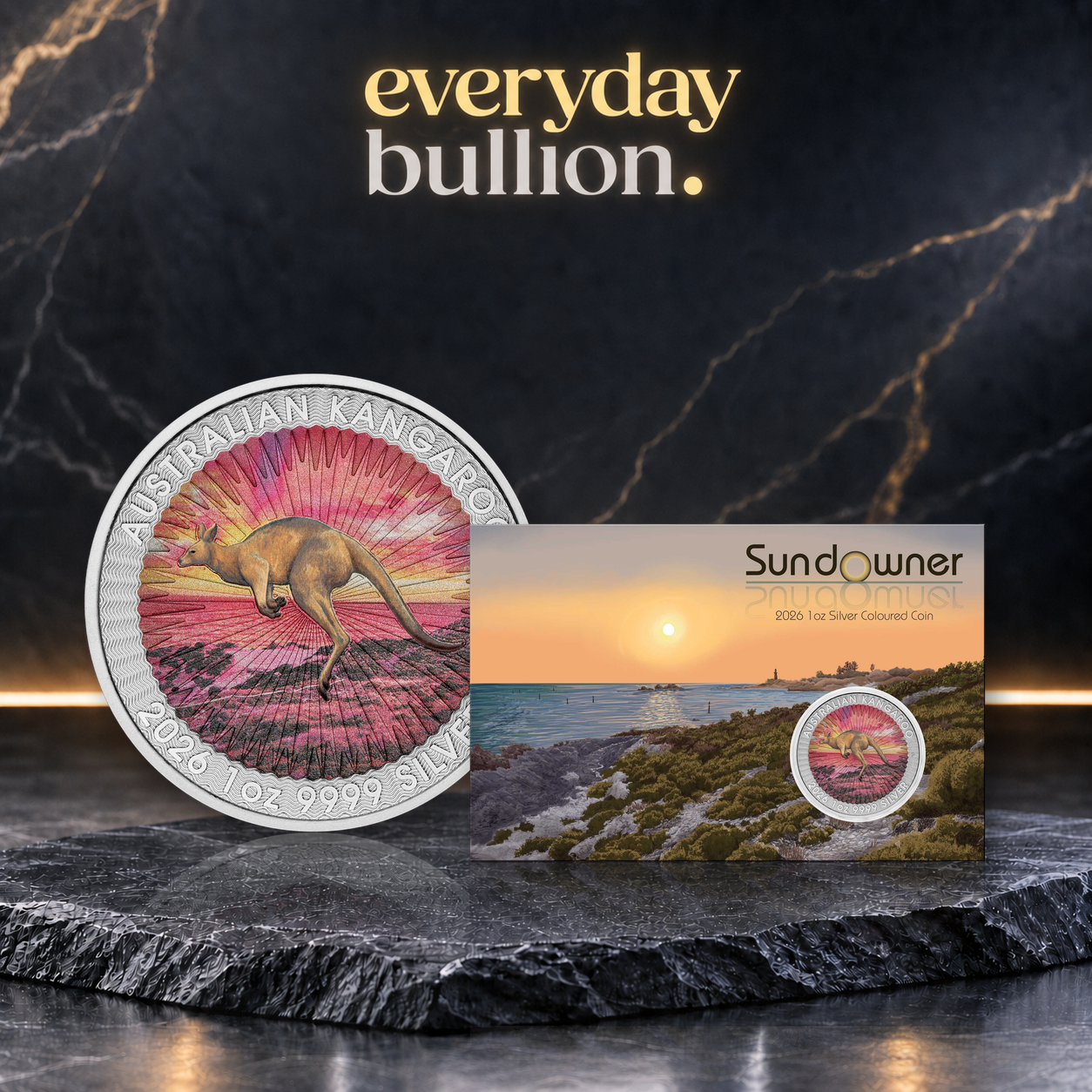 Sundowner Red Kangaroo 2026 $1 1oz .9999 Silver Coloured Coin in Card – Perth Mint
