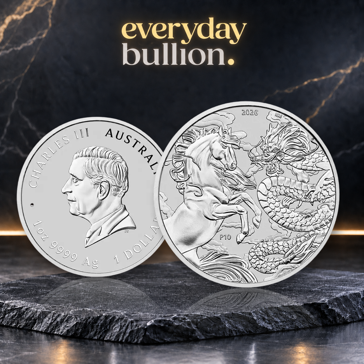 Chinese Myths & Legends Dragon and Horse 2026 $1 1oz .9999 Silver BU Coin in Capsule – Australia – Perth Mint
