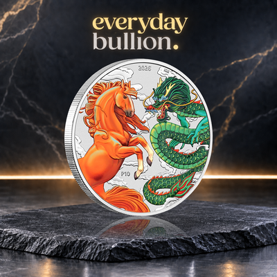 Chinese Myths & Legends Dragon and Horse 2026 1oz .9999 Fine Silver Coloured (Green and Orange) Coin in Capsule – Perth Mint